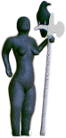 Wary Companions - a statue of the dark goddess or the morigan, with a crow or raven perched on her pole weapon